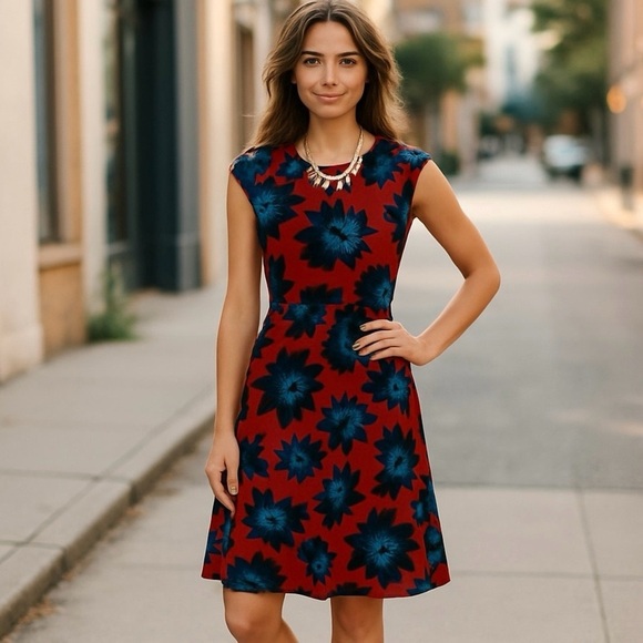 J. Crew Firework Floral Fit & Flare Party Dress with Red Blue Flowers Size 8 - Picture 1 of 9